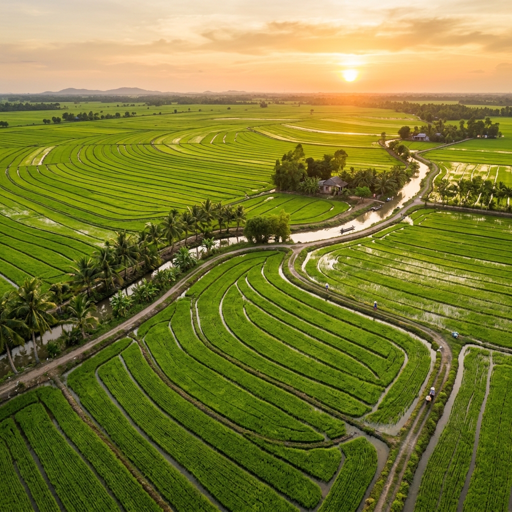 ST25 rice paddy fields in Soc Trang Mekong Delta Vietnam